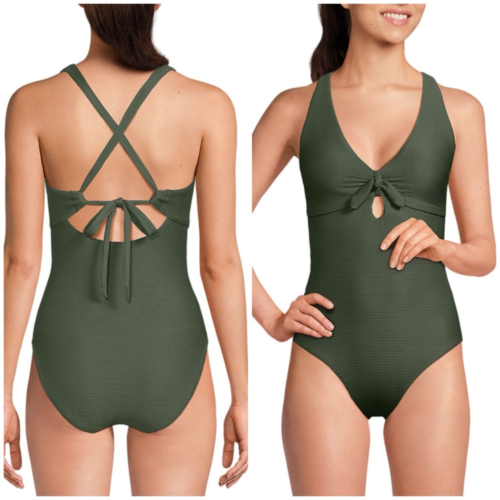 Lands end Ribbed Knot Front One Piece Swimsuit Olive Green - Picture 4 of 6